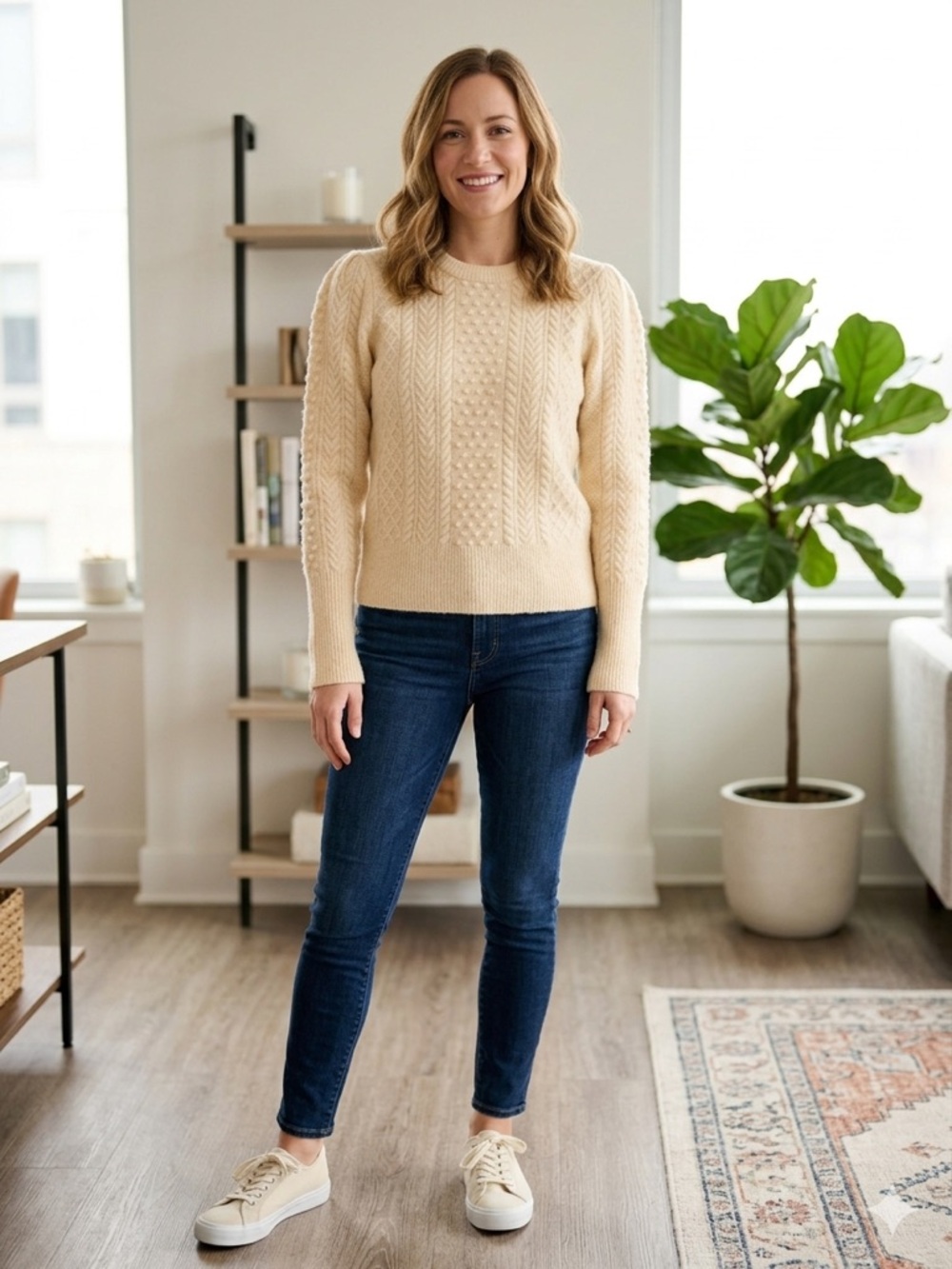 Classic Cable Knit Crewneck Sweater - Cream